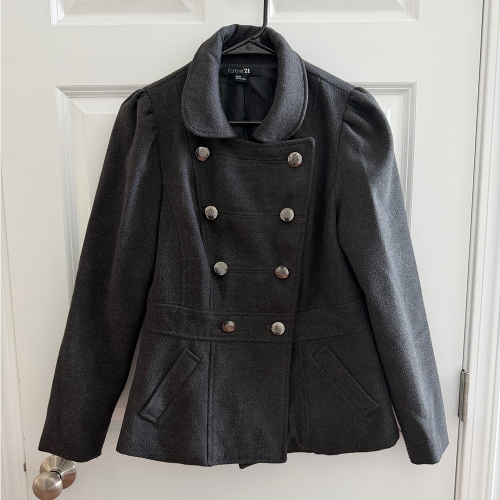 Forever 21 Women’s Charcoal Double-Breasted Pea Coat - Medium